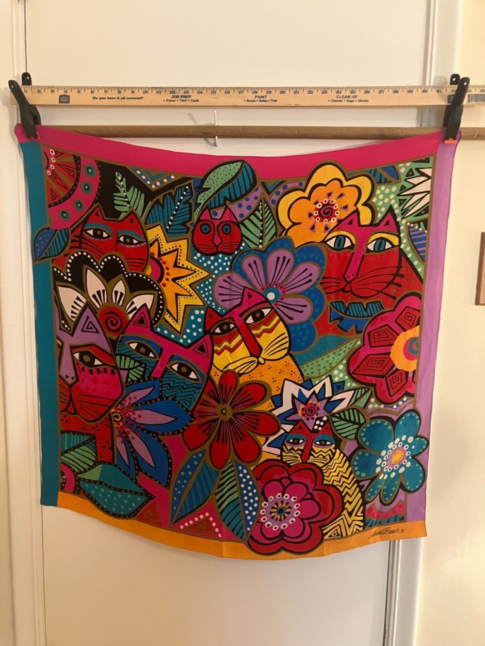 Laurel Burch vintage silk Multicolor Cat & Floral Art Scarf